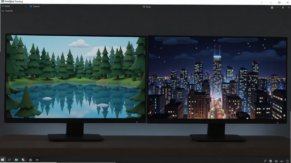 Animated Screen多显示器设置界面截图,显示两个显示器分别设置了不同的动态壁纸,左侧是森林湖泊,右侧是城市夜景