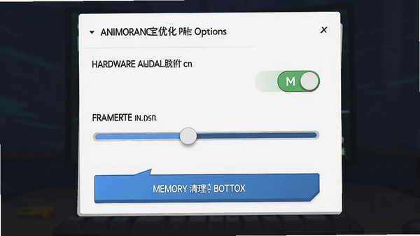 Animated Screen设置界面截图,展示性能优化选项,包含硬件加速开关、帧率调节滑块和内存清理按钮