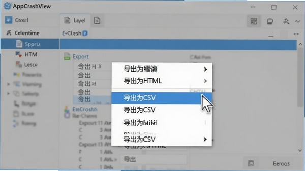 AppCrashView�������Ҽ������¼�����˵����˵�����ʾ������ΪCSV����������ΪHTML����ѡ����ָ����ͣ�ڵ���ѡ���ϣ�����Ϊ���������棬���������ˡ�