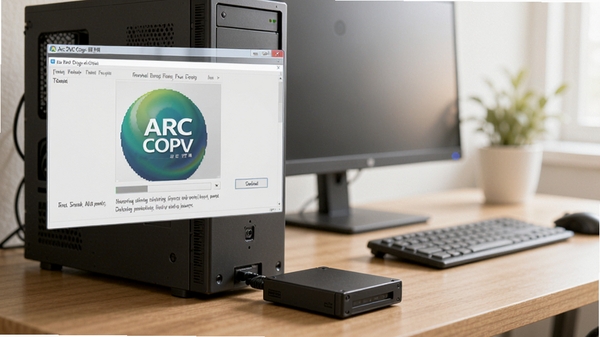 Arc DVD Copy运行环境示意图,电脑主机连接外置光驱,界面显示刻录进度,背景为整洁办公桌,光线明亮,色调柔和,体现软件在真实环境中的使用状态。