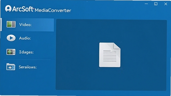 ArcSoft MediaConverter主界面截图,展示其简洁的蓝色调操作面板,左侧为视频、音频、图片转换功能选项,右侧为文件拖拽区域,整体风格现代且专业,突出软件的品牌标识。