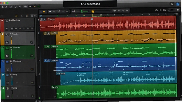 Aria Maestosa���༭���棬��ʾ���MIDI�������ͬ��ɫ���֣���������