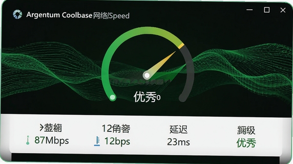 Argentum Coolbase ������ٽ��棬��ʾ�����ٶ� 87Mbps���ϴ� 12Mbps���ӳ� 23ms������Ϊ���㣬����Ϊ��ɫ��̬�����ߣ����ֱ��