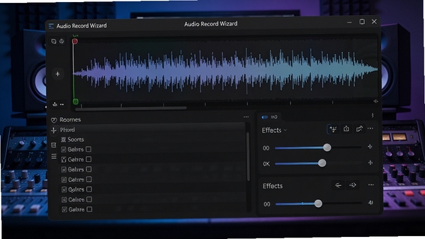 һ����ΪAudio Record Wizard����Ƶ¼�����������ͼ������ִ�����ɫ���⣬��������ʾ����¼�ƴ��ڡ���Դѡ���б���Ч��������壬����Ϊ����¼�����豸������ɫ������ɫ�������Ƽ��У�8K�ֱ��ʣ���ϸ�ڣ�רҵ��ǿ��