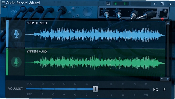 Audio Record Wizard�����Ķ���Դ¼�ƽ��棬չʾ�������������첨�Σ�һ���ע��˷����룬һ���עϵͳ�������·����������������飬����Ϊ�����豸����Ƶ�߲ģ���������רҵ�������������Ƽ�����ɫ�����߷ֱ��ʡ�