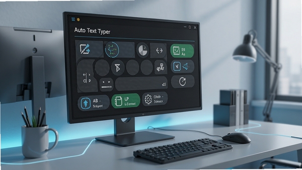 Auto Text Typer���������ͼ��չʾ�������������͹��ܰ�ť������Ϊ�ִ��칫���棬�Ƽ��з�񣬸�����Ⱦ