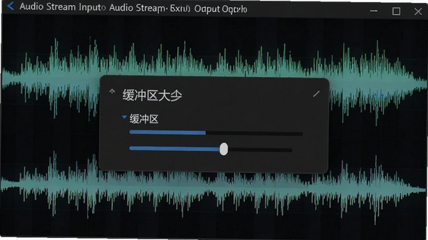 Audio Stream Input Output延迟设置界面,展示缓冲区大小调节选项,背景为音频波形图