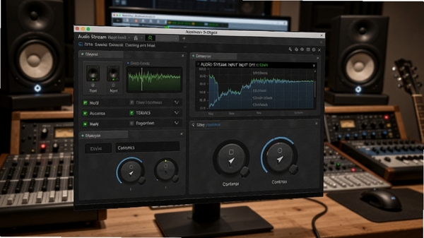 Audio Stream Input Output软件界面,展示音频设备配置和延迟控制面板,背景为专业音乐制作工作台