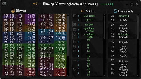 Binary Viewer���ʽ���ݽ�������չʾ�����ʮ��������ͼ���Ҳ�ASCII��Unicode���գ���ͬ��ɫ���ֲ�ͬ��������