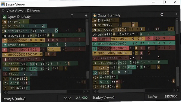 Binary Viewer�ļ��Ƚ�ģʽ���棬���ҷ�����ʾ�����ļ��Ĳ��죬�����ֽ���ɫ���ǣ��ײ�ͳ�Ʋ�������
