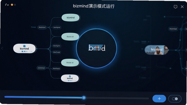 bizmind��ʾģʽ���л��棬��ͼ�ڵ����ηŴ���֣��ײ��н��������л���ť������Ϊ��ɫ����������ݣ���������רҵ��ǿ��չʾ�������������