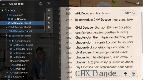 CHM Decoder�Ķ����棬չʾ˫�����֣����Ŀ¼��������ʾ��ǰ�½ڣ��Ҳ�������������������ʾ�ı����ɿ��������С����ѡ�����ɫΪ����ģʽ