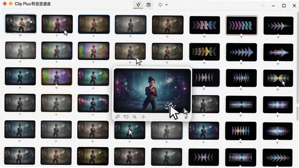 Clip Plus��Ч��Դ����棬չʾ�����˾�����ͼ��ת������ͼ�꣬�����ͣ��ĳ����Ч��ʱ��ʾԤ�����ڣ�����ɫ�ʷḻ�Ҳ��ֹ�����