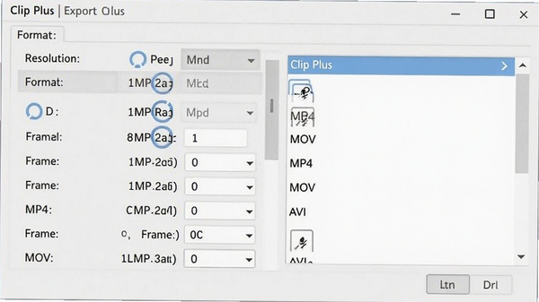 Clip Plus����������壬��ʾ���ֱַ���ѡ�����ʽ�б�����MP4��MOV��AVI���Լ���Ӧ��������֡�ʲ��������������ұ���ѡ��