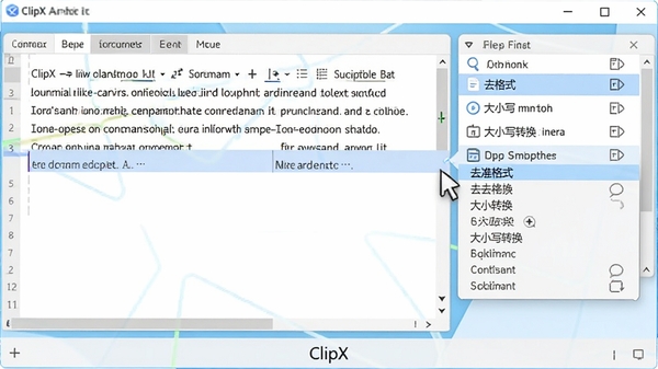 ClipX�������ճ���͸�ʽ����������ʾ������չʾһ���ı��༭�򣬼�������ʷ�б��������ԣ������ͣ��һ����¼�ϣ�������ʽ����ѡ��˵�������ȥ��ʽ����Сдת���ȣ�������������������������ClipX�ڽ���ײ���ʾ