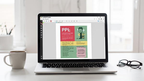 һ���ִ���Լ���İ칫���棬һ̨�ʼǱ�������Ļ����������ʾCool PDF Reader�������Ķ����棬�������в�ɫPDF�ĵ�ҳ�棬��Χ�ڷ��ſ��ȱ����۾�������������ͣ�ͻ��������������Ч���������ص㡣