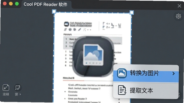 Cool PDF Reader����������ʾ��������һ��PDFҳ�汻ѡ�У��Ҽ������˵����˵�����ʾ��ת��ΪͼƬ���͡���ȡ�ı���ѡ�����Ϊ��ɫ��ͻ������ͼ�꣬�������ֱ�ۡ�