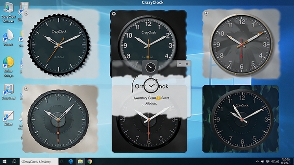 һ��չʾCrazyClock����������Windows�����ϵĽ�ͼ���������ж���������ʱ��Ƥ���͵������������Ѵ��ڣ�����������ĵ������棬����ɫ������������ͻ�������ĸ��Ի���ʵ���ԡ�