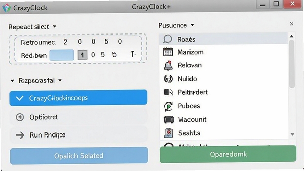 CrazyClock�����������ӵĽ����ͼ����ʾ�ظ�ģʽѡ�����ѷ�ʽѡ����������������г����Լ�����ѡ���б���������������������ť��Ŀ������Ϊǳ��ɫ��