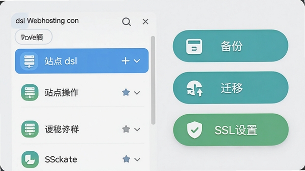 dsl webhosting站点管理界面示意图,左侧为站点列表,右侧显示各项操作按钮如“备份”、“迁移”、“SSL设置”,整体界面清晰,图标圆润,背景浅灰,强调操作便捷性。