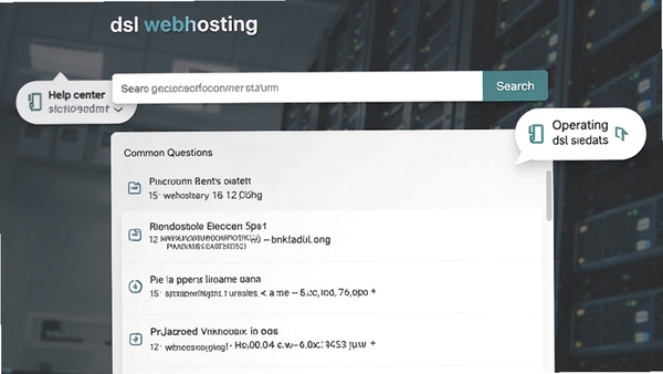 一张dsl webhosting的“帮助中心”界面截图,包含问题搜索框和常见问题列表,背景有操作指引的悬浮气泡,整体氛围友好、专业。