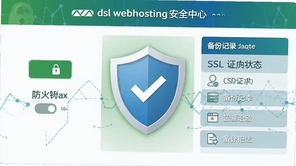 dsl webhosting安全中心界面示意图,展示防火墙开关、SSL证书状态和备份记录列表,盾牌图标醒目,整体色调为绿色与蓝色,传达安全可靠的感觉。