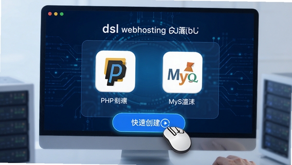 展示dsl webhosting一键部署环境的功能演示图,画面中鼠标点击“快速创建”按钮,自动生成包含PHP和MySQL的站点图标,背景为科技感蓝调,突出自动化与高效。