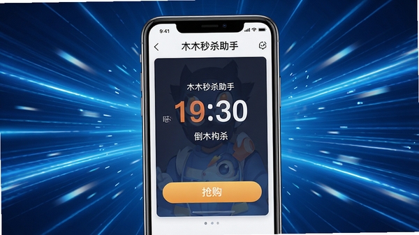 一张展示木木秒杀助手在手机屏幕上运行,界面清晰显示倒计时和抢购按钮,背景是充满科技感的蓝色光效和速度线条,体现极速抢购的概念,画面中心突出手机和软件名称“木木秒杀助手”