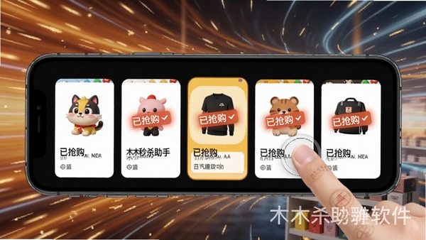 木木秒杀助手的功能示意图,手机屏幕上有多个商品卡片横向排列,手指点击后商品依次被标记为“已抢购”,背景是流动的速度线,突出软件批量处理的高效性,画面中显示软件名称水印