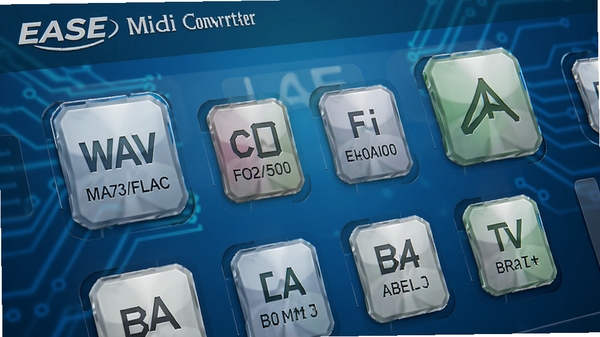 EASE Midi Converter��Ƶ��ʽת��������д����ʾ���������ʽѡ��ͼ�꣬����WAV/MP3/FLAC�ȣ�����Ϊ������ɫ�Ƽ�����ƣ�ͼ�����帡͹���߹���Ⱦ�����廭�渻�в�θУ�8K������