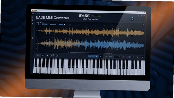 �ִ��Ƽ�����������չʾͼ��������Ļ��ʾEASE Midi Converter�����棬����ͼ��MIDI����Ԫ���ںϣ�����Ϊ����ɫ�������ɫ�߹⣬��Ⱦ��רҵ��Ƶ�������ʸУ���������������8K�ֱ���