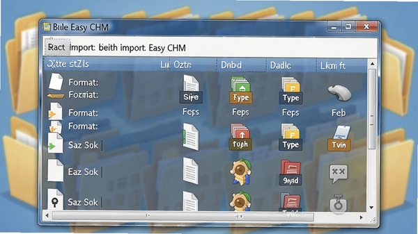 Easy CHM批量导入多种格式文件的界面,显示文件列表和格式类型图标,背景有文件夹元素
