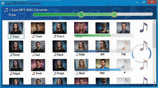 Ease MP3 WAV Converter����ת��������ʾ�����׸����ļ�����������ת���б��У�������ͬ���ƽ�������ɫ�����죬���ָ�Ч��������