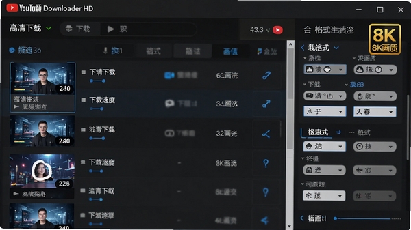 YouTube Downloader HD���������ͼ��չʾ������Ƶ�����б��͸�ʽѡ����壬����Ϊ��ɫ�Ƽ��У�����������࣬������ʾ��ͻ�������ٶȺ�8K���ʱ�ǩ