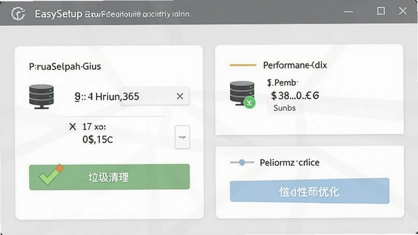 EasySetup系统环境配置界面,展示安装路径选择、垃圾清理按钮和性能优化选项,背景为浅灰色,卡片式布局,图标清晰,整体简洁实用。