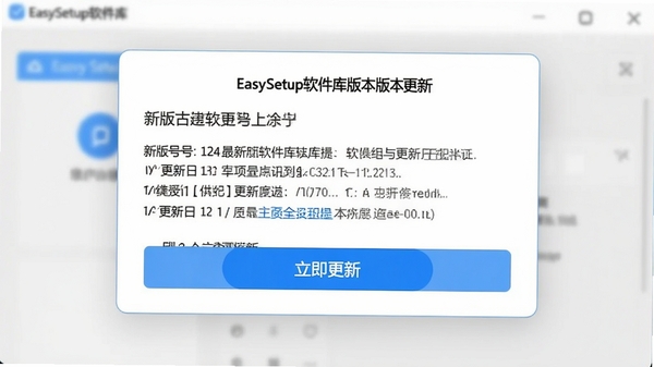EasySetup软件库版本更新提示界面,弹窗显示新版本号与更新日志,背景为白色,蓝色按钮突出“立即更新”,整体风格清爽明亮。