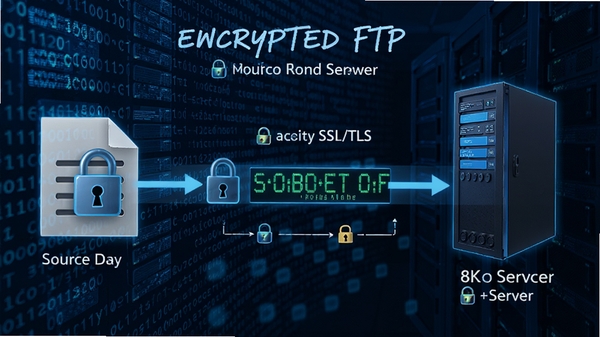 encrypted ftp ���ܴ������ʾ��ͼ��չʾ���ݴ�Դ�ļ�����������ͷ��Ϊ���ģ���ͨ����ȫ�� SSL/TLS ͨ�����䵽Ŀ�������������Ϊ���ִ�������Ч�����Ƽ���Ϊ��ɫ�������壬8k