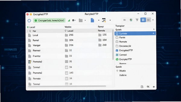 encrypted ftp ���������ͼ��չʾ����ִ��� FTP �ͻ��˴��ڣ�����������Զ���ļ��б�����������״ָ̬ʾ�������������������Ϊ����ɫ�Ƽ��з�񣬸��壬8k����Ʒ��Ⱦͼ