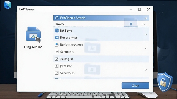 ExifCleaner���������棬չʾ��ק�����ļ������������б��������ť���������ִ���������ɫ������Ϊ�������棬������˽��������ͼ��