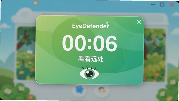 EyeDefender����Ϣ���ѵ�������Ļ���ֽ�����ɫ�����������е���ʱ���ֺ͡�����Զ�������֣���ͨ�۾�ͼ�꣬�����������Ѻ�