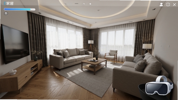 չʾE�ҼҾ����������VR���ι��ܵĽ��棬��������Ϊ����ȫ����������Ȼ��ͣ��ذ塢�Ҿ߱������������ʵ�����½���VR�۾�ͼ�꣬���Ͻ���ʾ��Ⱦ��������ͻ������ʽ����Ч����