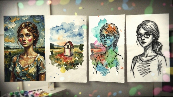 fantasia photo creative filter gallery showcasing various artistic effects like oil painting, watercolor, and sketch applied on sample photos