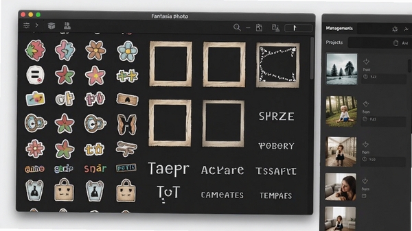 fantasia photo built-in asset library window with categorized stickers, frames, and text templates, and a project management panel on the side