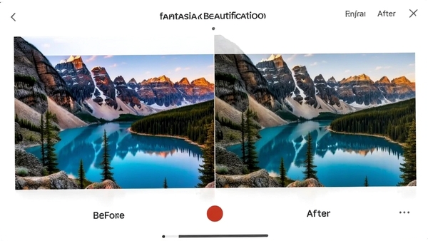 fantasia photo AI one-click beautification interface showing before and after comparison of a landscape photo with enhanced colors and lighting