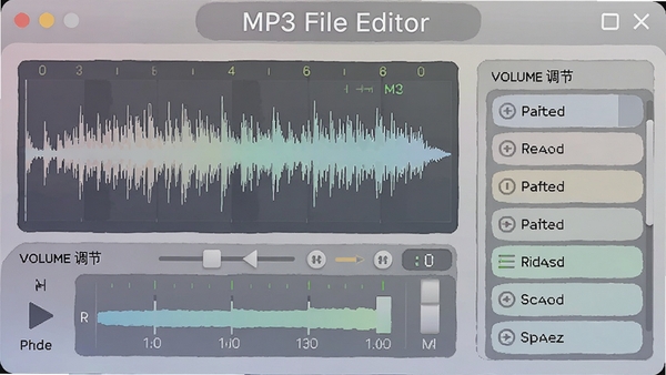 MP3 File Editor������������������棬��ʾ��Ƶ���κ���ЧԤ���б���ɫ����ͣ��������Ʒ����ڽ��涥��