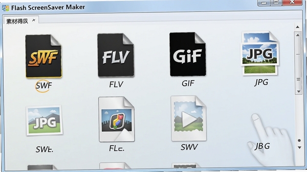 Flash ScreenSaver Maker���زĵ�����壬��ʾ���ָ�ʽ�ļ���SWF��FLV��GIF��JPG����ͼ�����У�����Ϊǳɫ���䣬ͻ����ý������ԡ�