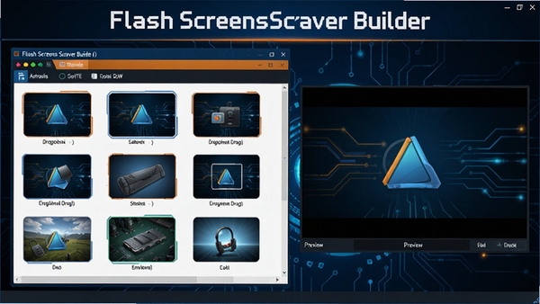 Flash Screensaver Builder �����������ͼ��չʾ�ز���ק�༭�����Ԥ�����ڣ�����Ϊ��ɫ�Ƽ��з����������������ʾ�ڽ��涥��������ɫ��Ϊ��ɫ�ͳ�ɫ���䣬��������������ͻ��������רҵ�Ժ������ԡ�