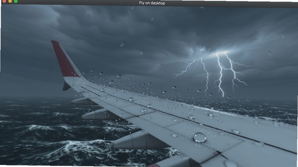 չʾFly on desktop�����б����������·��еĻ��棬�ɻ�����������ηɽ����������������ƺ����磬���沨����ӿ������ɫ��ƫ�䣬ͻ������ϵͳ����ʵ��ȾЧ��