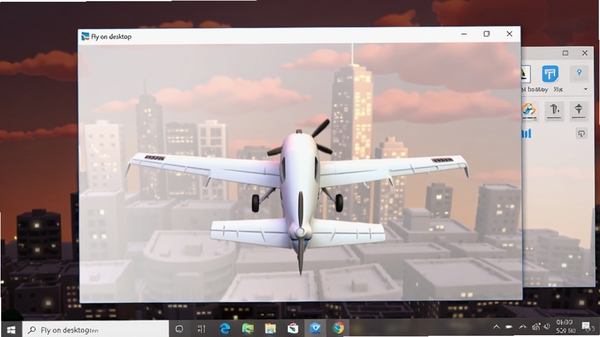 һ��չʾFly on desktop������Windows���������еĽ�ͼ������������һ�ܰ�ɫС�ͷɻ����ɹ�����Ļƻ�����Ͽգ������гȺ�ɫ�Ʋ��΢�⣬���������������ڱ�Ե�а�͸���Ŀ�����壬�������ִ��Ҹ��пƼ���
