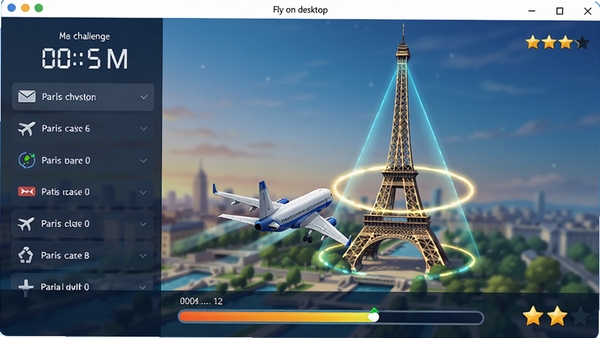 չʾFly on desktop�����к�����սģʽ���棬��Ļ�����ʾ�����б��͵���ʱ������ɻ���������谣�ƶ�������������Χ�й�Ч��ǣ�����UI��࣬���н��������Ǽ����ۣ�������������